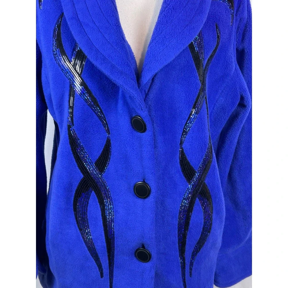 Royal Blue Fleece Sequin Swirl Shawl Collar Button Up Jacket Cardigan Women L